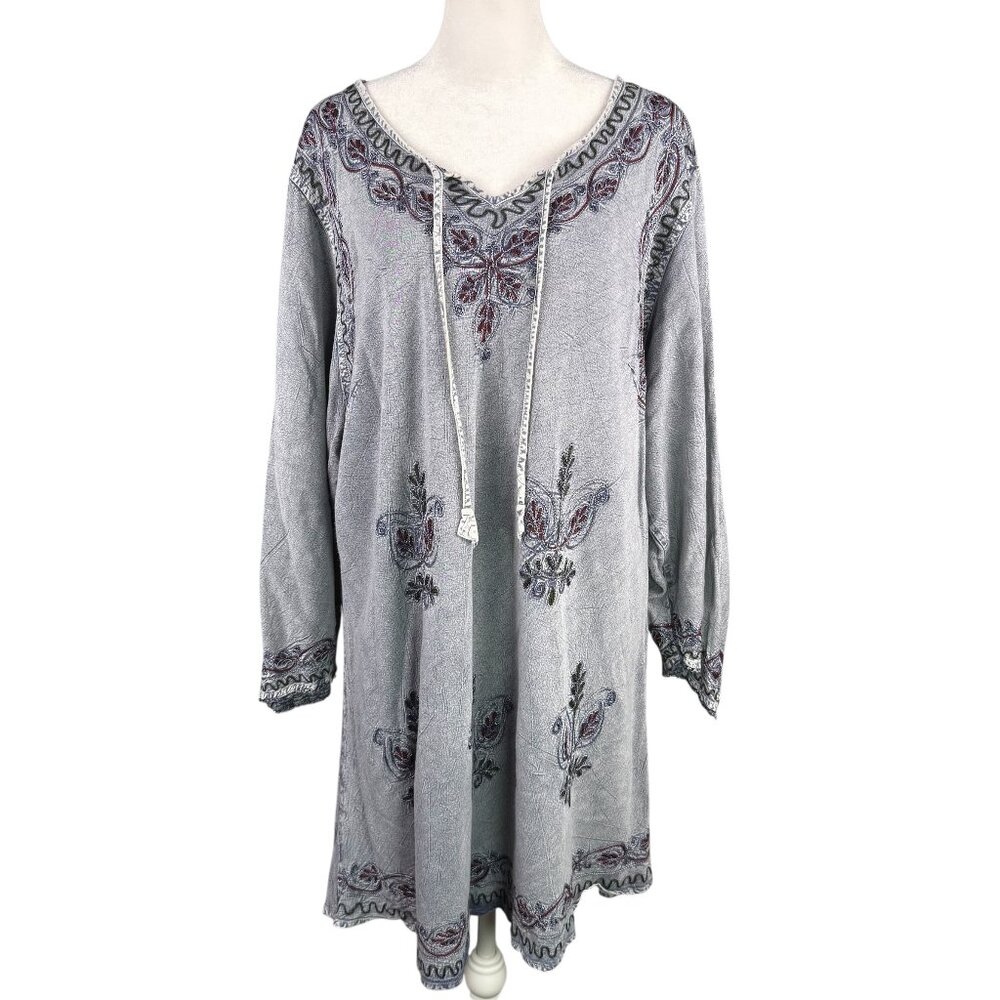 Agan Traders 3X Embroidered Tunic Peasant Top Gray 3/4 Sleeve Boho Medieval
